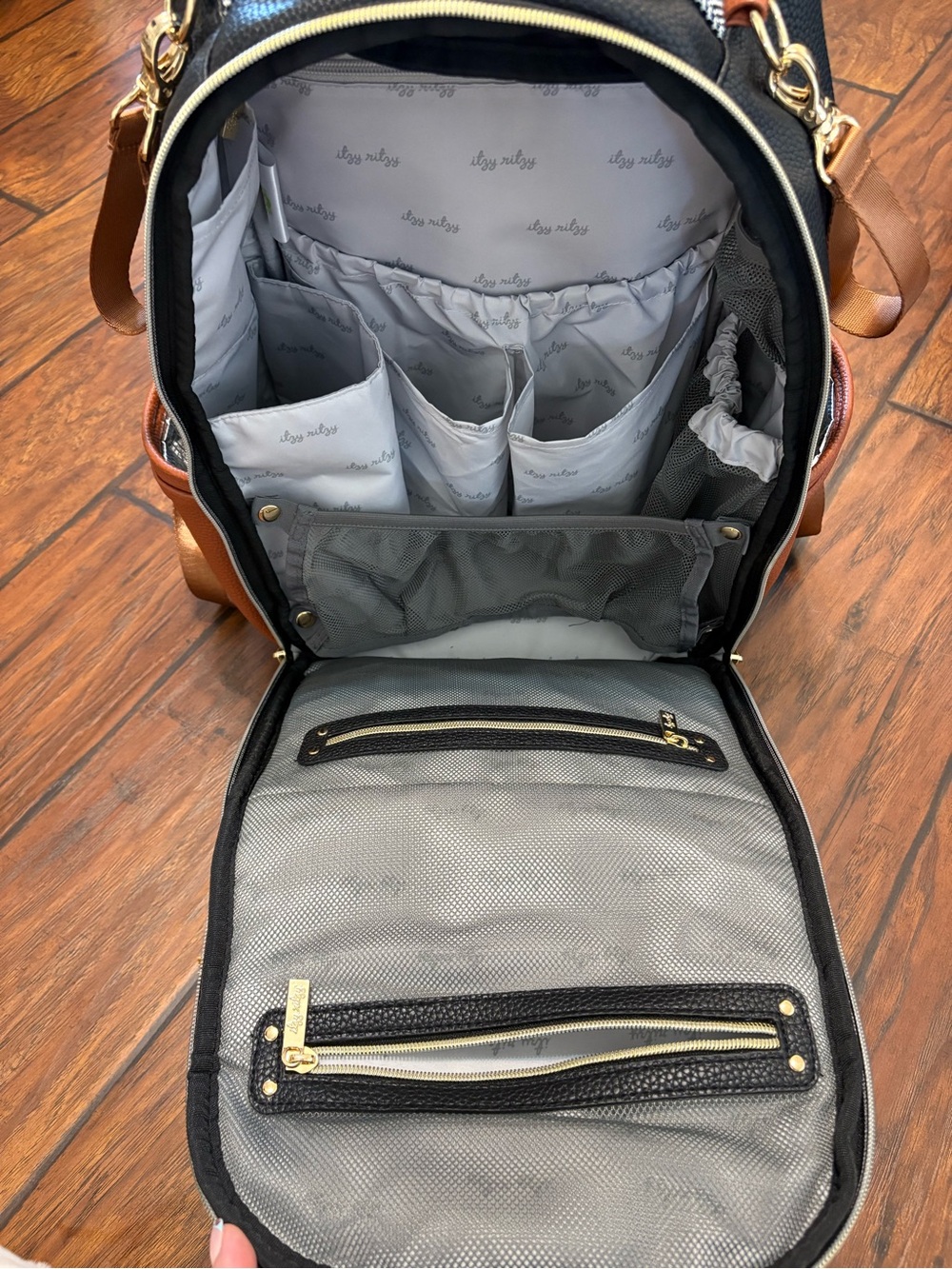 Itzy Ritzy Black Herringbone, White & Brown Backpack Purse - Picture 4 of 11